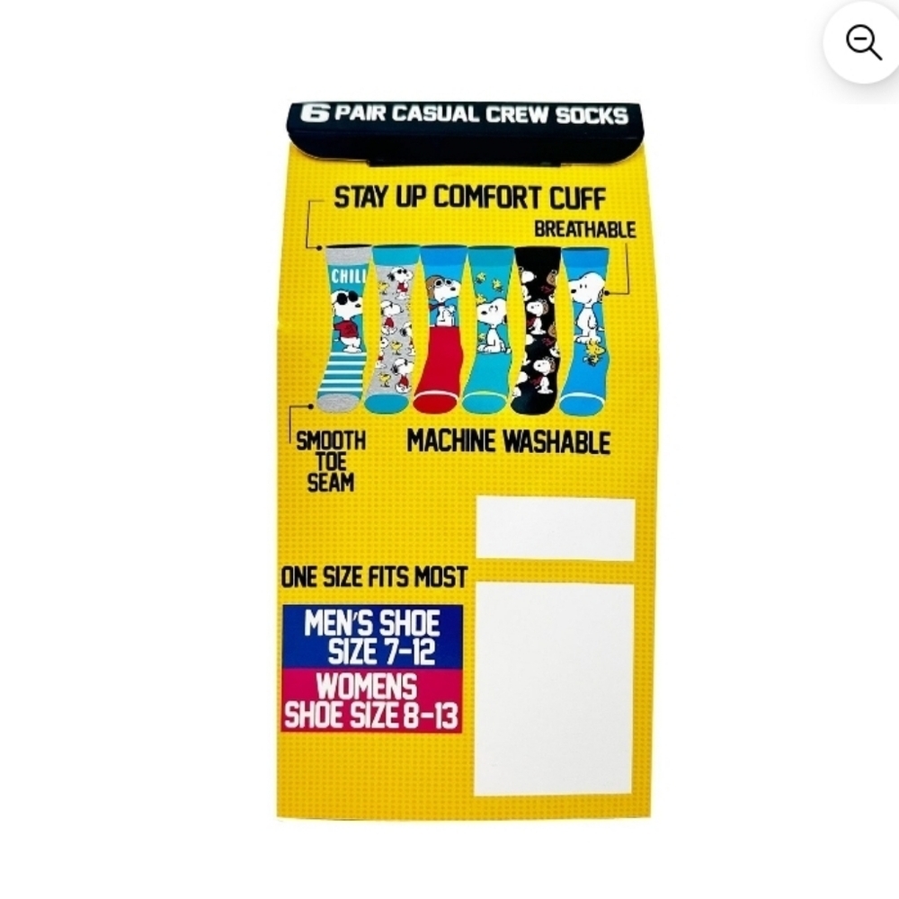 Peanuts Character 6-Pack Casual Crew Sock One Size Fits Most - Picture 4 of 4